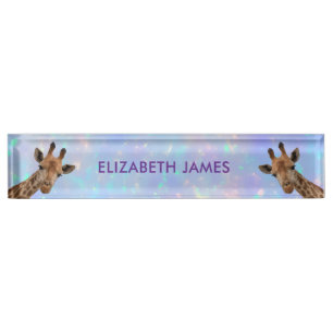 Placa De Nombre Cute Giraffe Animal Holográfico Nombre Personaliza