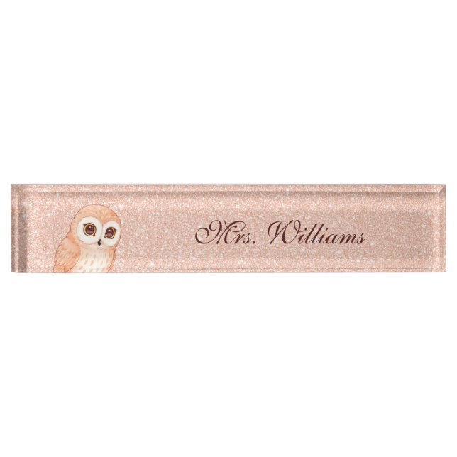Placa De Nombre Cute Owl Rose Gold Glitter Teacher  (Anverso)
