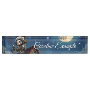 Placa De Nombre Cute Skull Biker Paseo bajo la luz de la luna po