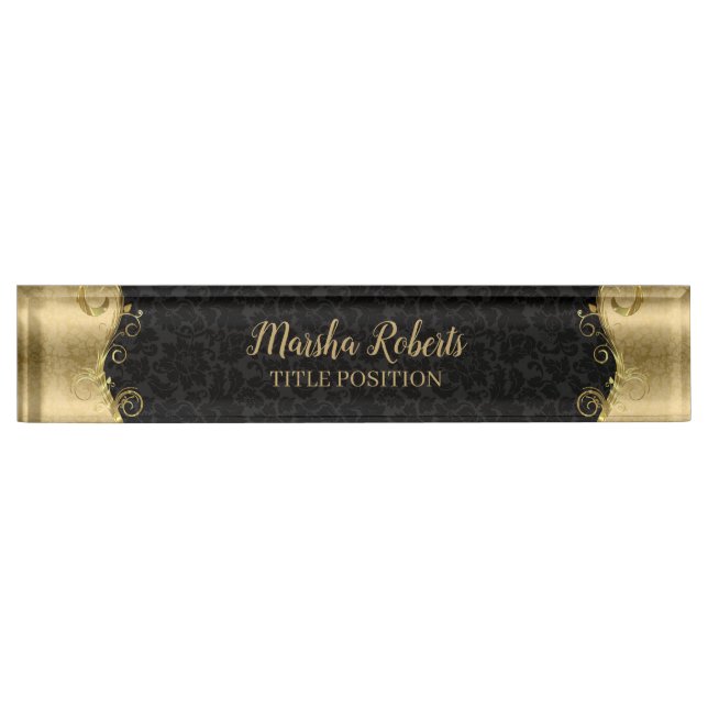 Placa De Nombre Damasco De Oro Y Negro Con Swirls (Anverso)