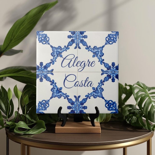 Placa de nombre de casa personalizada azul Azulejo (Azulejo Mediterranean Blue & White Custom House Name Or Family Name Plaque Sign Square Ceramic Tile)