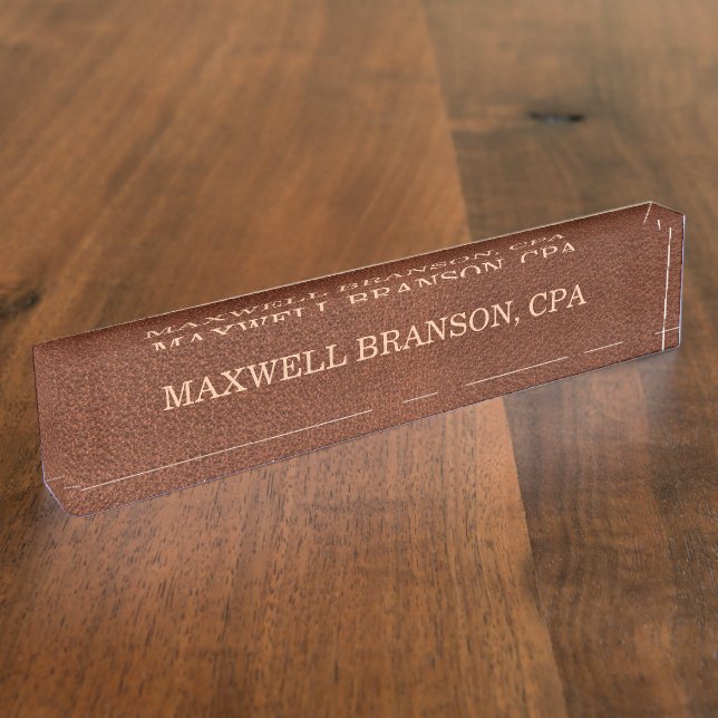 Placa de nombre de cuero marrón profesional título (Lateral)