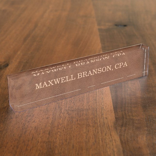 Placa de nombre de cuero marrón profesional Título (Lateral)