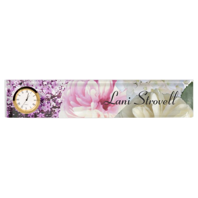 Placa de nombre de escritorio con flores elegantes (Anverso)