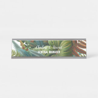 Placa de nombre de escritorio con follaje tropical