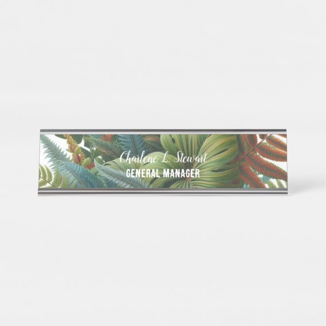 Placa de nombre de escritorio con follaje tropical (Anverso)