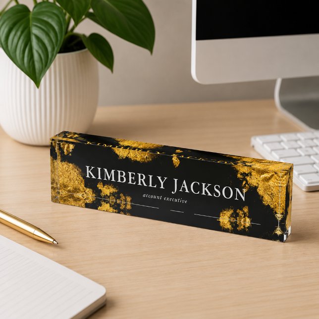 Placa de nombre de escritorio elegante moderna de  (Modern Elegant Black Gold Desk Name Plate)