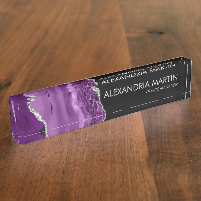 Placa de Nombre de Mármol de Ágata Plateado Negro  (Lateral)