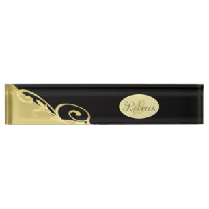 Placa De Nombre Decoración de oro de lujo en oro y negro, Monogram
