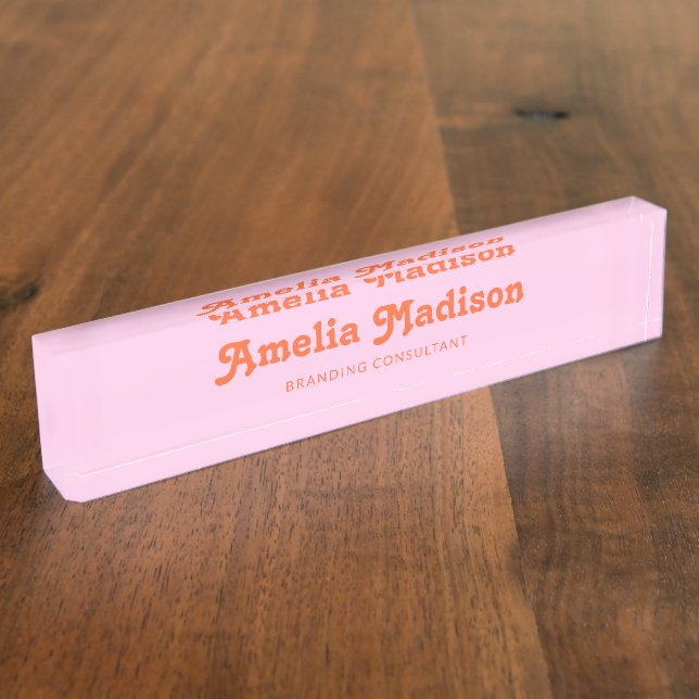 Placa De Nombre Decorativo Retro Rosa Naranja (Lateral)