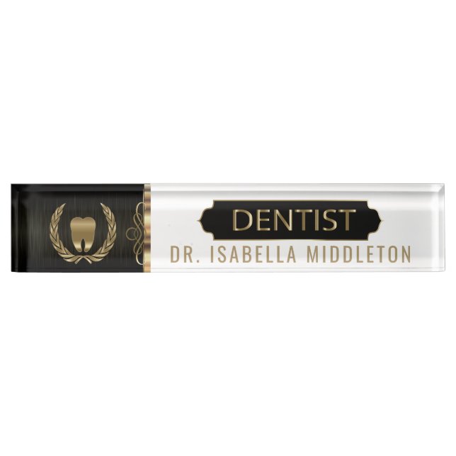 Placa De Nombre Dentista - Negro, Blanco y Oro (Anverso)