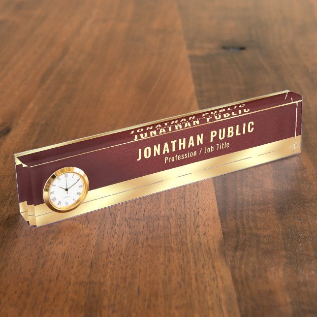 Placa De Nombre Desk Nameplate with Clock Elegant Luxurious Gold (Lateral)
