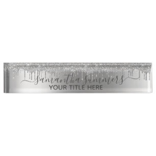 Placa De Nombre Destellos de Plata Glam Gotear Caligrafía Manuscri