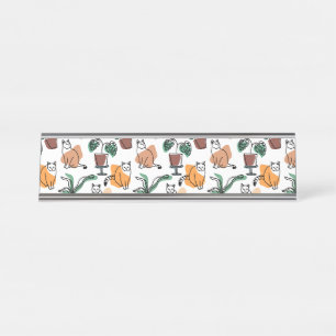 Placa De Nombre Dibujo en línea de gatos y flores