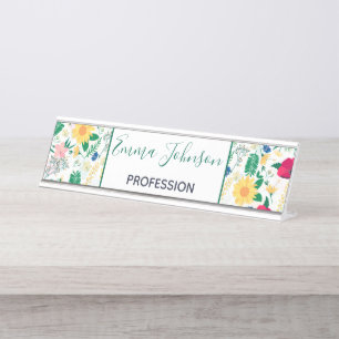 Placa De Nombre Diseño blanco floral y salvaje de color bonito