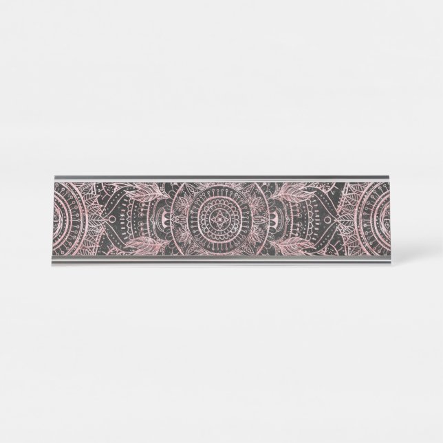 Placa De Nombre Diseño elegante Boho Rosa Gold Grey Mandala (Anverso)