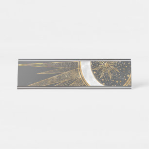 Placa De Nombre Diseño elegante Doodles dorados Sun Moon Mandala