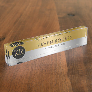 Placa De Nombre Diseño Geométrico Moderno Monogramado Gold & Silve
