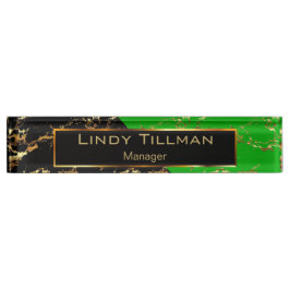 Placa De Nombre Diseño Lime Green, Black and Gold Marble