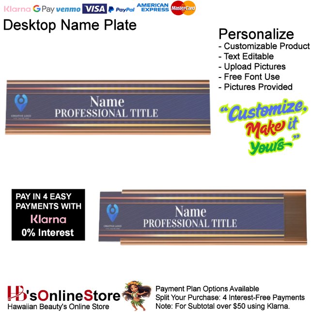 Placa de nombre dorado de personalizable con logot (Customizable Gold Name Plate with Logo & Slogan 9.)