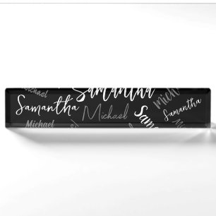 Placa De Nombre Dos nombres pareja patrón monograma blanco negro