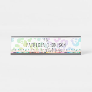 Placa De Nombre Educador escolar Rainbow Leopard Crayon