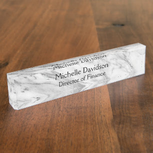 Placa De Nombre Ejecutivo de mármol blanco y plateado