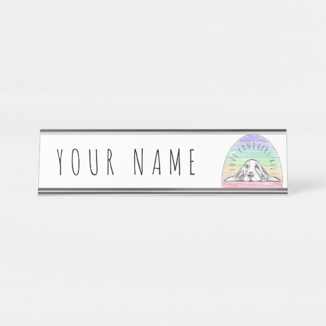 Placa De Nombre el amor conquista a todo el perro rainbow basset (Anverso)