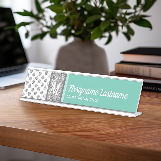 Placa De Nombre El Purpurina plateado Polka Dot Monograma puede ca (Personalized Name Plate with Custom Name)
