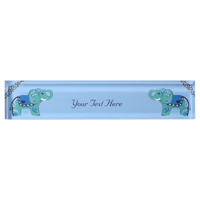 Placa De Nombre Elefante de Henna (azul/azul claro) (Anverso)