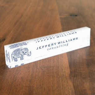 Placa De Nombre Elefante Floral Blue Paisley
