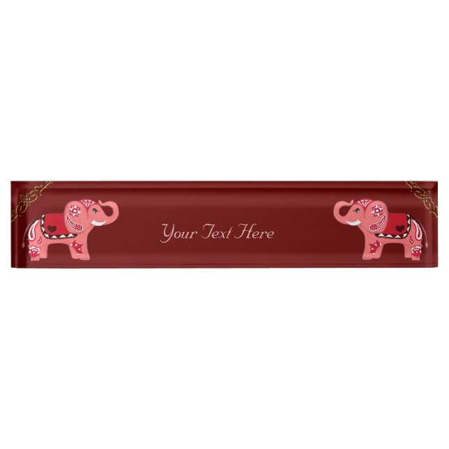 Placa De Nombre Elefante Henna (Rojo/Rosa) (Anverso)