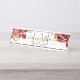 Placa De Nombre Elegant Cherry Red & Gold Monogram Script 