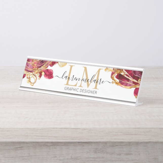 Placa De Nombre Elegant Cherry Red & Gold Monogram Script  (Anverso)