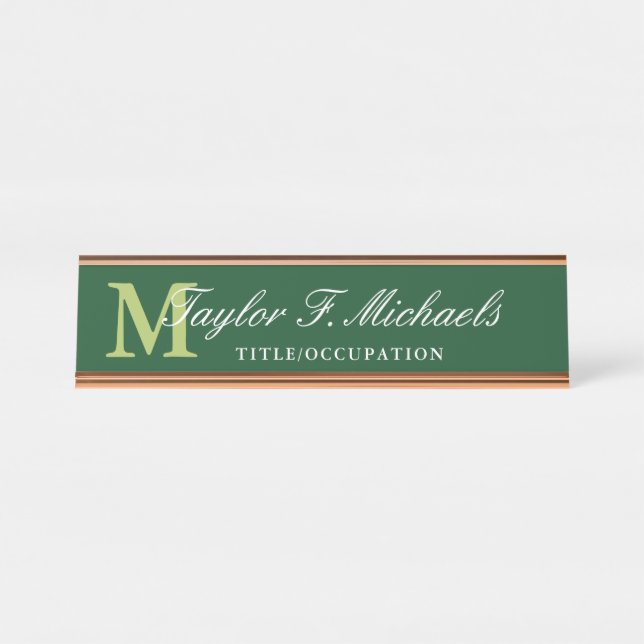 Placa De Nombre Elegant Dark Green Lime Monogram & Name (Anverso)