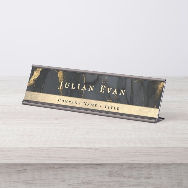 Placa De Nombre Elegant Glitter Gold Luxe Black Agate Marble (Anverso)