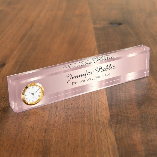 Placa De Nombre Elegant Script Luxurious Rose Gold With Clock (Lateral)