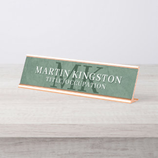 Placa De Nombre Elegant Stone Texture Dark Green Monogram Name