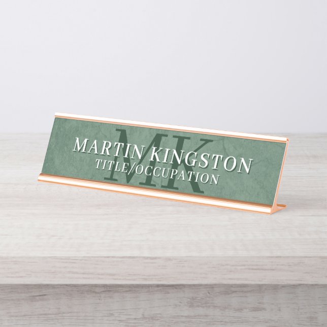 Placa De Nombre Elegant Stone Texture Dark Green Monogram Name (Anverso)