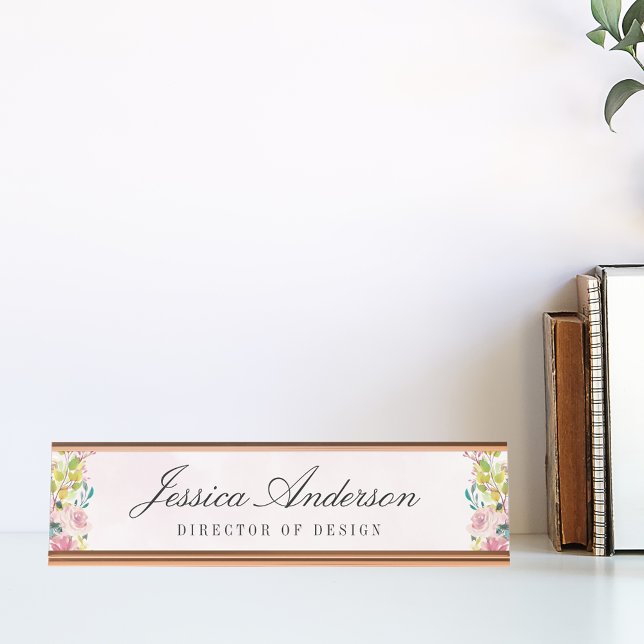 Placa De Nombre Elegante acuarela rosa floral personalizada (Subido por el creador)