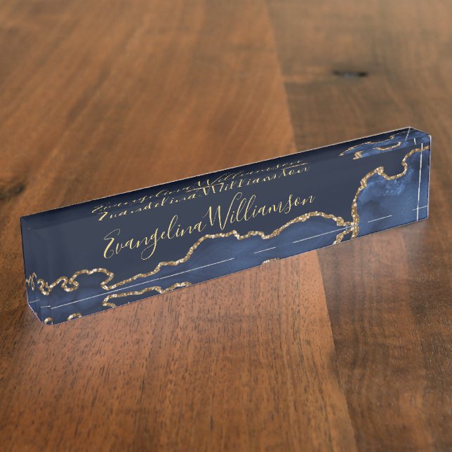Placa De Nombre Elegante Agate de Oro Azul (Lateral)