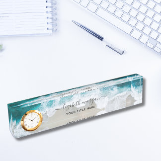 Placa De Nombre Elegante Aqua Blue Green Script Nombre Clock Desk 