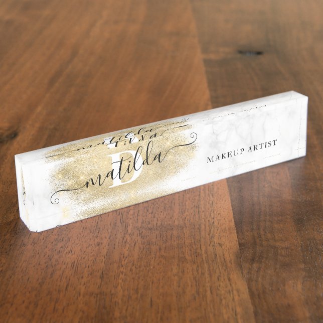 Placa De Nombre Elegante artista de maquillaje de mármol purpurina (Lateral)