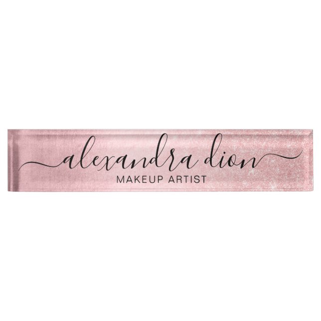 Placa De Nombre Elegante artista de maquillaje purpurina de rosa y (Anverso)