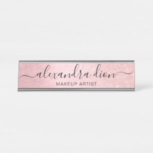 Placa De Nombre Elegante artista de maquillaje purpurina rosado