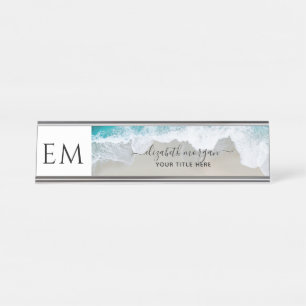 Placa De Nombre Elegante Beach Blue Green Monograma Profesional