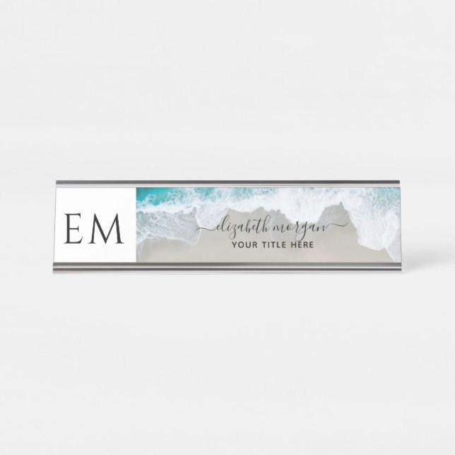 Placa De Nombre Elegante Beach Blue Green Monograma Profesional (Anverso)