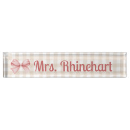 Placa De Nombre Elegante Beige Gingham con Personalizado de acento
