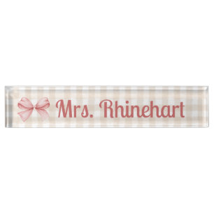 Placa De Nombre Elegante Beige Gingham con Personalizado de acento