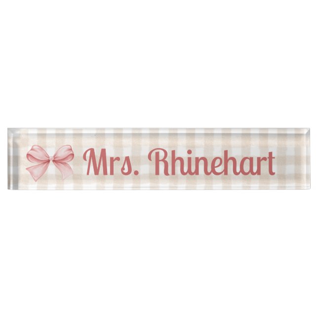 Placa De Nombre Elegante Beige Gingham con Personalizado de acento (Anverso)